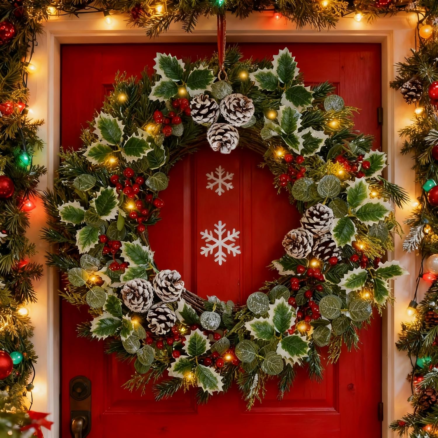 22 Inch Pre-lit Christmas Wreath for Front Door, Artificial Outdoor Christmas Wreath with 50 LED Lights, Real Pine Cones Red Berries Winter Xmas Wreaths for Indoor Porch Party Decorations